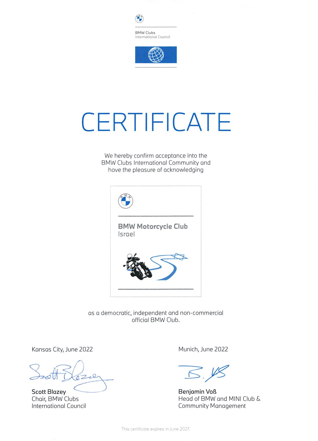 תעודת מועדון BMW רשמי – BMW Clubs International Council